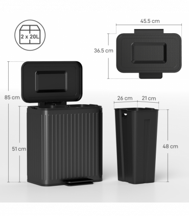 HOMCOM 2 x 20L Double Rubbish Bin, Pedal Bin with Soft-Close Lid, Black
