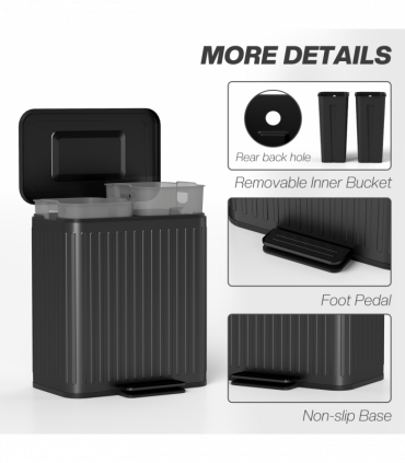 HOMCOM 2 x 20L Double Rubbish Bin, Pedal Bin with Soft-Close Lid, Black