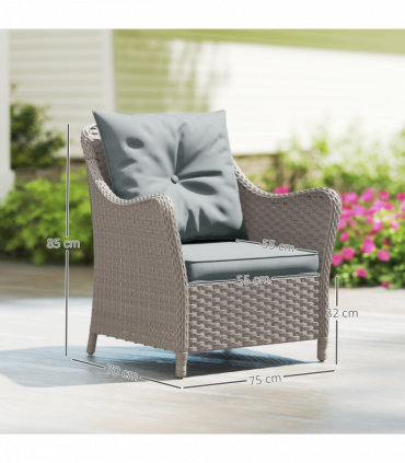 Outsunny 2 Pieces Rattan Garden Chairs, Cushioned Rattan Chairs, Light Grey