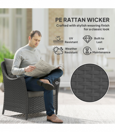 Outsunny 2 Pieces Rattan Garden Chairs, Cushioned Rattan Chairs, Dark Grey