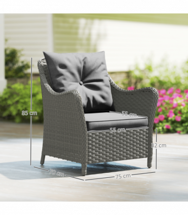 Outsunny 2 Pieces Rattan Garden Chairs, Cushioned Rattan Chairs, Dark Grey