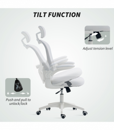 Vinsetto Mesh Chair with Headrest, 4D Lumbar Support, Flip-up Arm, White