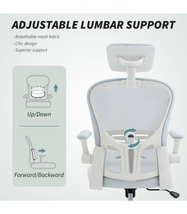 Vinsetto Mesh Chair with Headrest, 4D Lumbar Support, Flip-up Arm, White