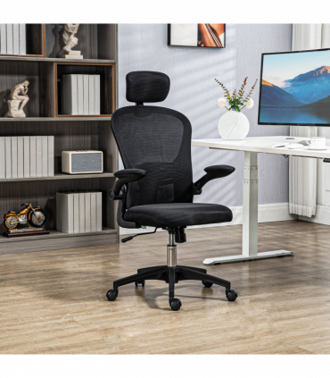 Vinsetto Mesh Chair with Headrest, 4D Lumbar Support, Flip-up Arm, Black