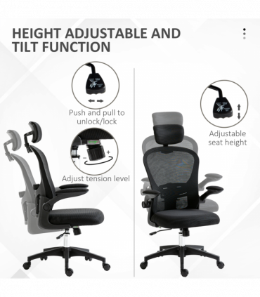 Vinsetto Mesh Chair with Headrest, 4D Lumbar Support, Flip-up Arm, Black