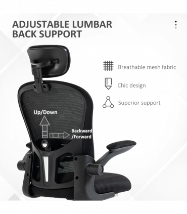 Vinsetto Mesh Chair with Headrest, 4D Lumbar Support, Flip-up Arm, Black