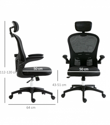 Vinsetto Mesh Chair with Headrest, 4D Lumbar Support, Flip-up Arm, Black