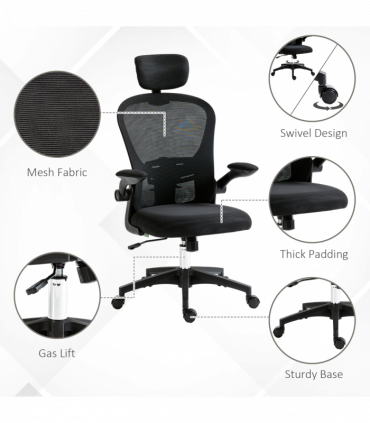Vinsetto Mesh Chair with Headrest, 4D Lumbar Support, Flip-up Arm, Black