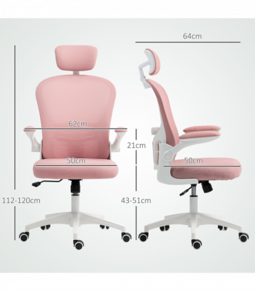 Vinsetto Mesh Chair with Headrest, 4D Lumbar Support, Flip-up Arm, Pink
