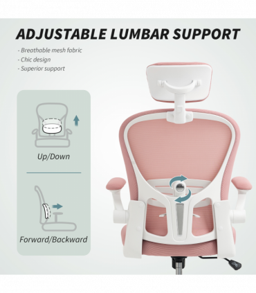 Vinsetto Mesh Chair with Headrest, 4D Lumbar Support, Flip-up Arm, Pink