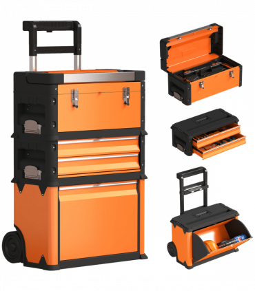 HOMCOM 3-Tier Tool Box with Wheels, Stackable Steel Toolbox, Orange