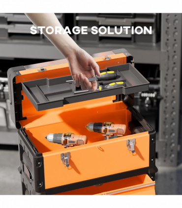 HOMCOM 3-Tier Tool Box with Wheels, Stackable Steel Toolbox, Orange