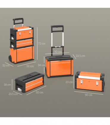 HOMCOM 3-Tier Tool Box with Wheels, Stackable Steel Toolbox, Orange