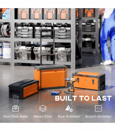 HOMCOM 3-Tier Tool Box with Wheels, Stackable Steel Toolbox, Orange