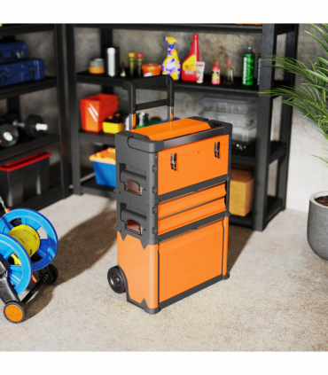 HOMCOM 3-Tier Tool Box with Wheels, Stackable Steel Toolbox, Orange