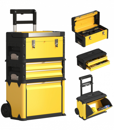 HOMCOM 3-Tier Tool Box with Wheels, Stackable Steel Toolbox, Yellow