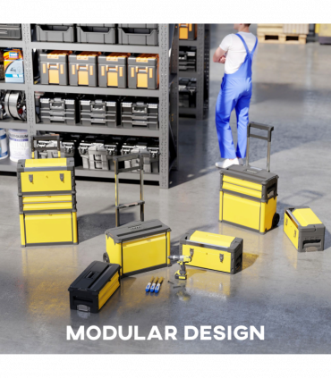 HOMCOM 3-Tier Tool Box with Wheels, Stackable Steel Toolbox, Yellow