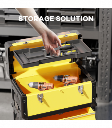 HOMCOM 3-Tier Tool Box with Wheels, Stackable Steel Toolbox, Yellow