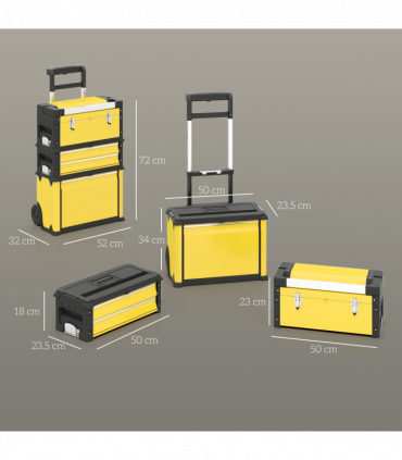 HOMCOM 3-Tier Tool Box with Wheels, Stackable Steel Toolbox, Yellow