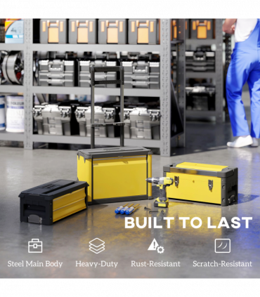 HOMCOM 3-Tier Tool Box with Wheels, Stackable Steel Toolbox, Yellow