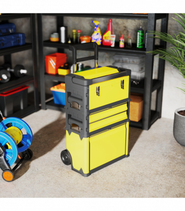 HOMCOM 3-Tier Tool Box with Wheels, Stackable Steel Toolbox, Yellow