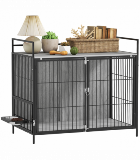 PawHut Dog Crate Furniture with Rotating Bowl Holder for Large Dogs, Grey