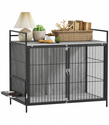 PawHut Dog Crate Furniture with Rotating Bowl Holder for Large Dogs, Grey