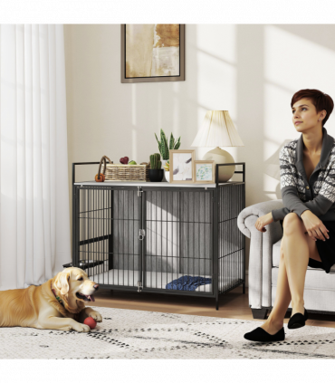 PawHut Dog Crate Furniture with Rotating Bowl Holder for Large Dogs, Grey