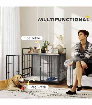 PawHut Dog Crate Furniture with Rotating Bowl Holder for Large Dogs, Grey