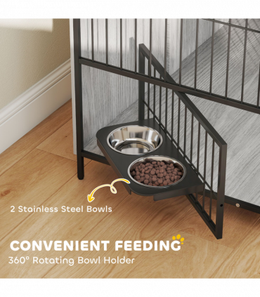 PawHut Dog Crate Furniture with Rotating Bowl Holder for Large Dogs, Grey