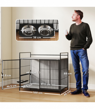 PawHut Dog Crate Furniture with Rotating Bowl Holder for Large Dogs, Grey