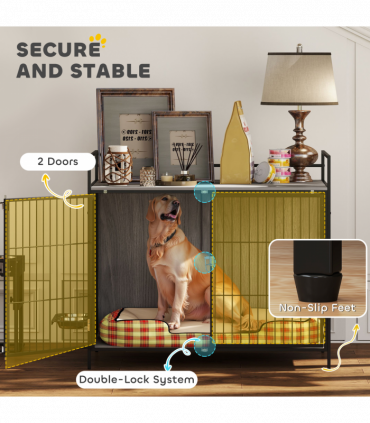 PawHut Dog Crate Furniture with Rotating Bowl Holder for Large Dogs, Grey