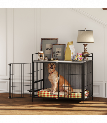 PawHut Dog Crate Furniture with Rotating Bowl Holder for Large Dogs, Grey