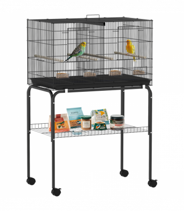 PawHut Bird Cage with Divider, 4 Wooden Perches, Slide Out Tray, Black