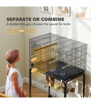 PawHut Bird Cage with Divider, 4 Wooden Perches, Slide Out Tray, Black
