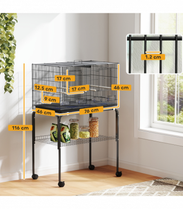 PawHut Bird Cage with Divider, 4 Wooden Perches, Slide Out Tray, Black
