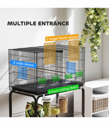 PawHut Bird Cage with Divider, 4 Wooden Perches, Slide Out Tray, Black