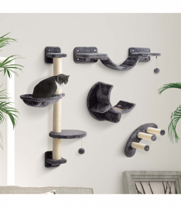 PawHut 4-Piece Cat Wall Furniture w/ Hammock, Ladder, Platforms - Dark Grey