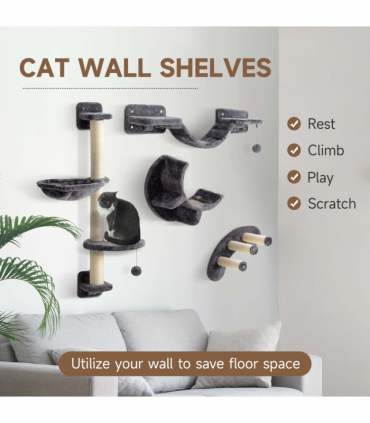 PawHut 4-Piece Cat Wall Furniture w/ Hammock, Ladder, Platforms - Dark Grey
