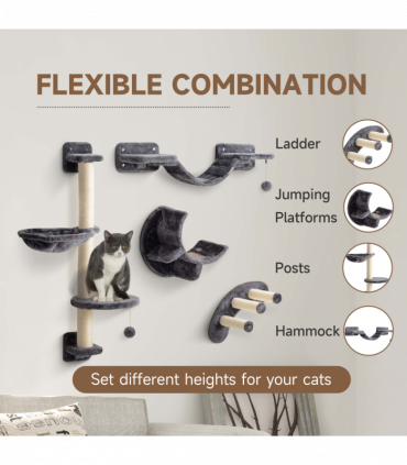 PawHut 4-Piece Cat Wall Furniture w/ Hammock, Ladder, Platforms - Dark Grey