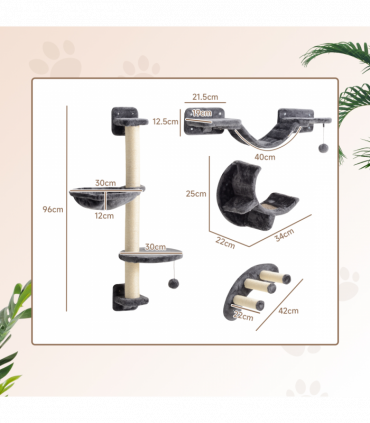 PawHut 4-Piece Cat Wall Furniture w/ Hammock, Ladder, Platforms - Dark Grey