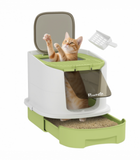 PawHut Cat Litter Box, Hooded Cat Litter Tray with Lid, Scoop, Green