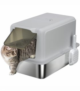 PawHut Stainless Steel Cat Litter Box with Removable Lid, Scoop, Grey