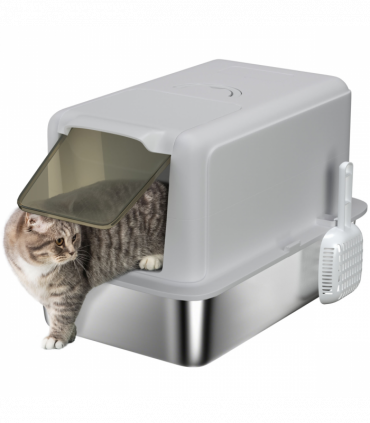 PawHut Stainless Steel Cat Litter Box with Removable Lid, Scoop, Grey
