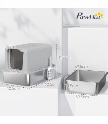 PawHut Stainless Steel Cat Litter Box with Removable Lid, Scoop, Grey
