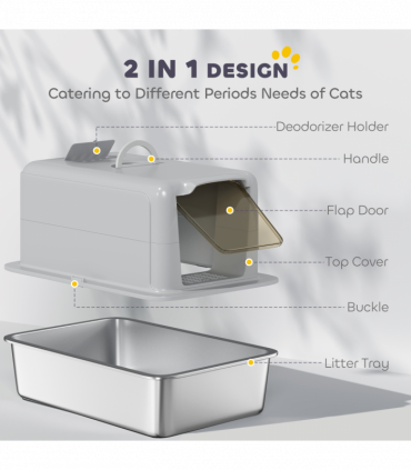 PawHut Stainless Steel Cat Litter Box with Removable Lid, Scoop, Grey