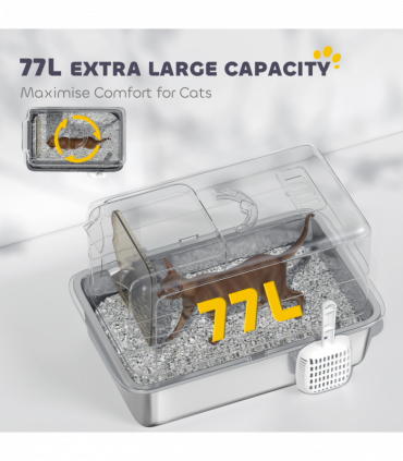 PawHut Stainless Steel Cat Litter Box with Removable Lid, Scoop, Grey