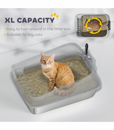 PawHut XL Stainless Steel Cat Litter Box with High Sides, 60 x 40 x 30 cm