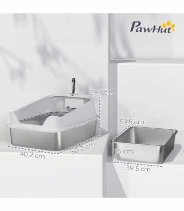 PawHut XL Stainless Steel Cat Litter Box with High Sides, 60 x 40 x 30 cm
