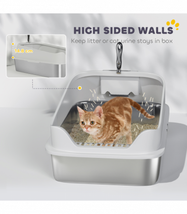 PawHut XL Stainless Steel Cat Litter Box with High Sides, 60 x 40 x 30 cm